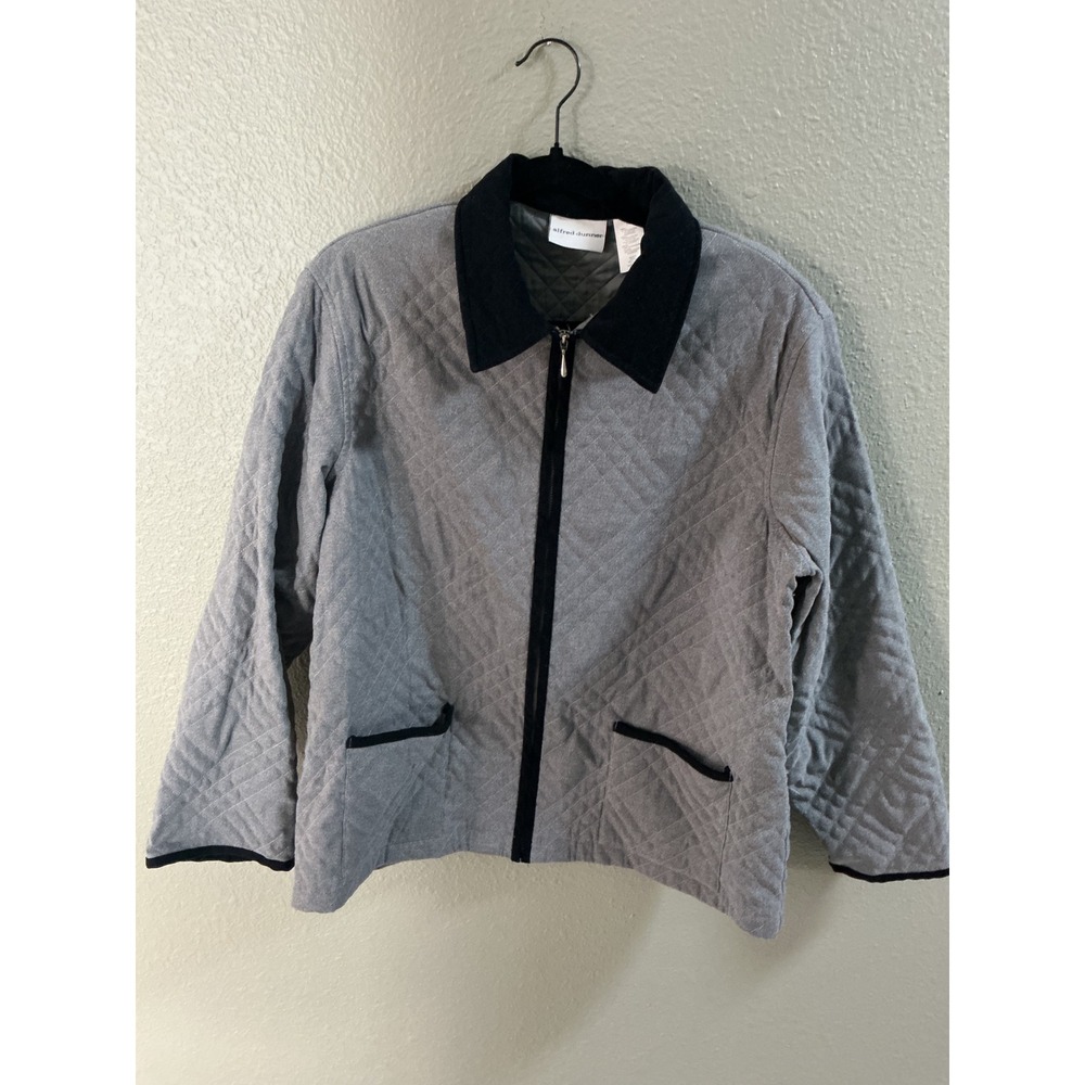 Alfred Dunner Grey Quilted Zip Up Jacket Black Collar Women Size 16